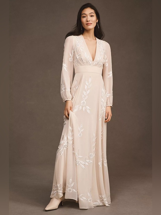 BHLDN Dresses & Skirts - BHLDN Belize Embroidered A-Line Long-Sleeve V-Neck Gown